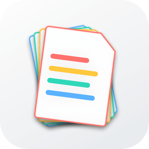 The Glassine app icon: four fanned sheets of glassine, the front one ruled in coral, amber, mint, and blue.