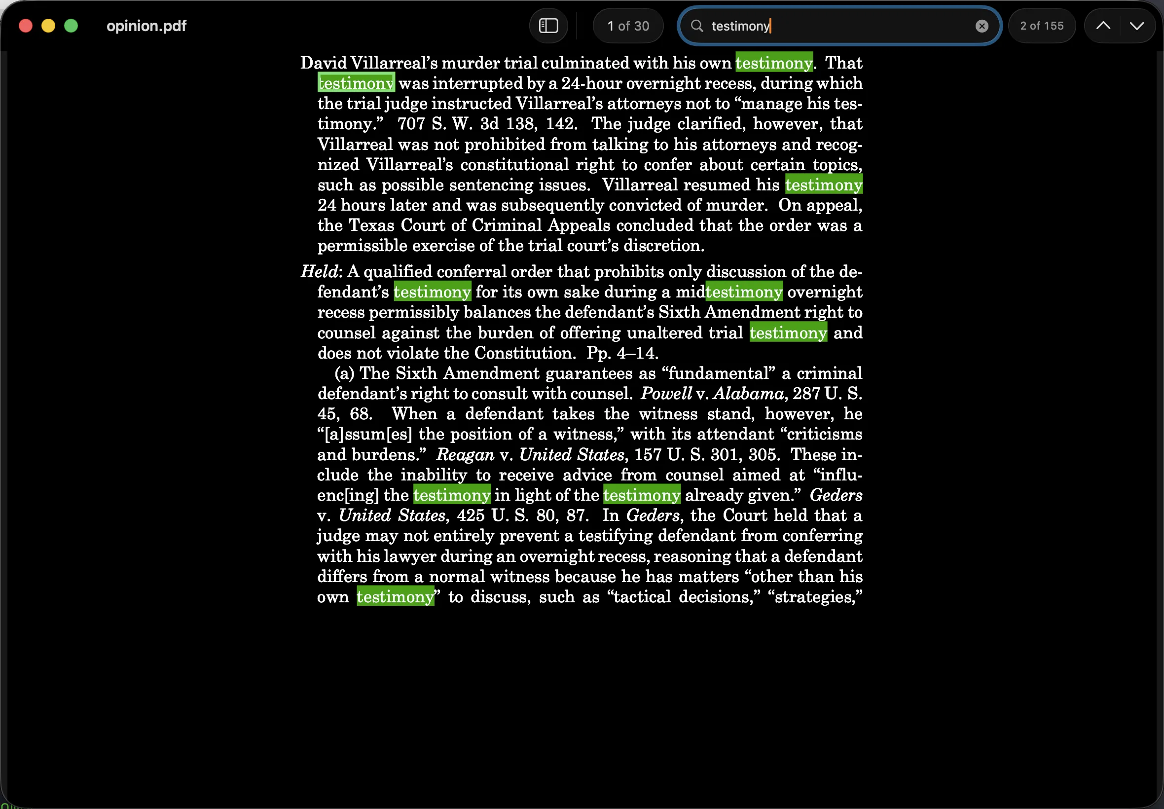 Glassine in dark mode showing a Supreme Court slip opinion. The page is inverted to white text on black, the window chrome is black, and every instance of the searched word is highlighted in green; the toolbar reads 2 of 155.