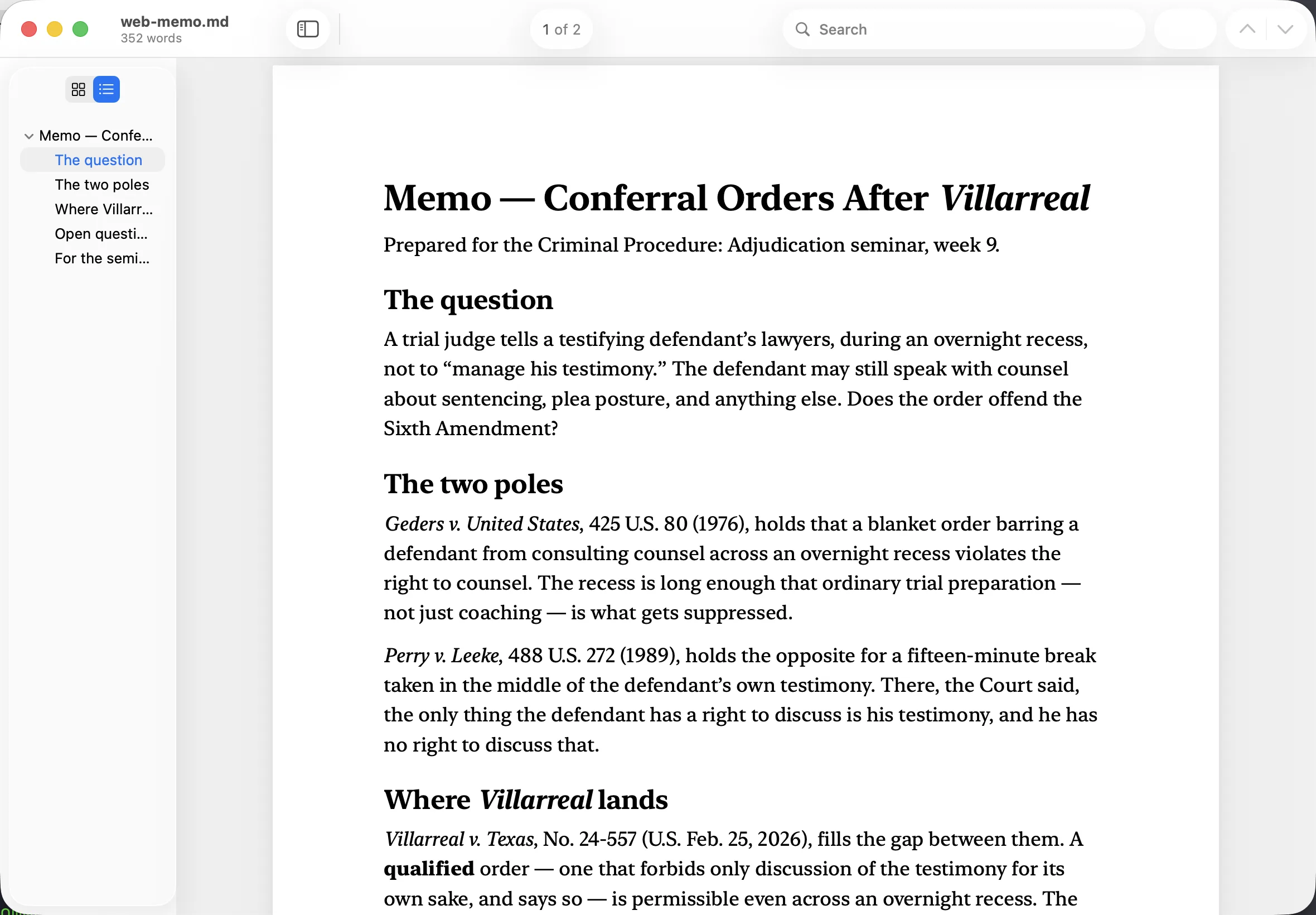 Glassine in light mode showing a Markdown memo typeset into a Letter page, with the table-of-contents sidebar listing the memo's headings and a word count under the file name.